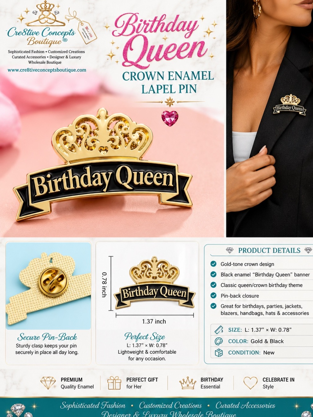Birthday Queen Crown Enamel Lapel Pin | Gold & Black Celebration Brooch